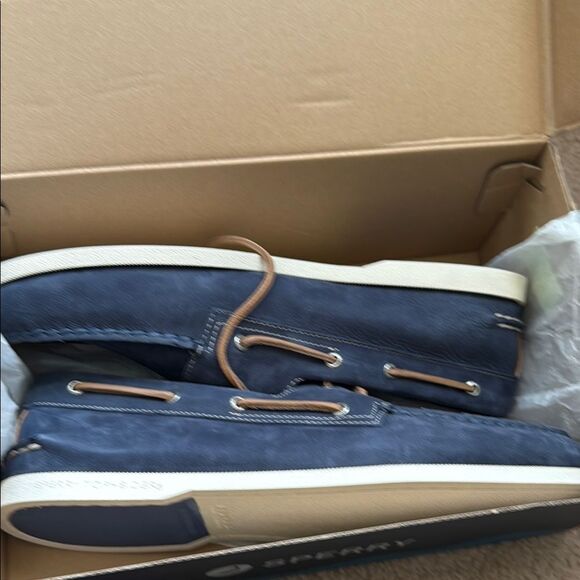 Speedy Top-Sider Mens Marine Suede Navy Boat Shoes with Tan Accents new - Picture 3 of 8
